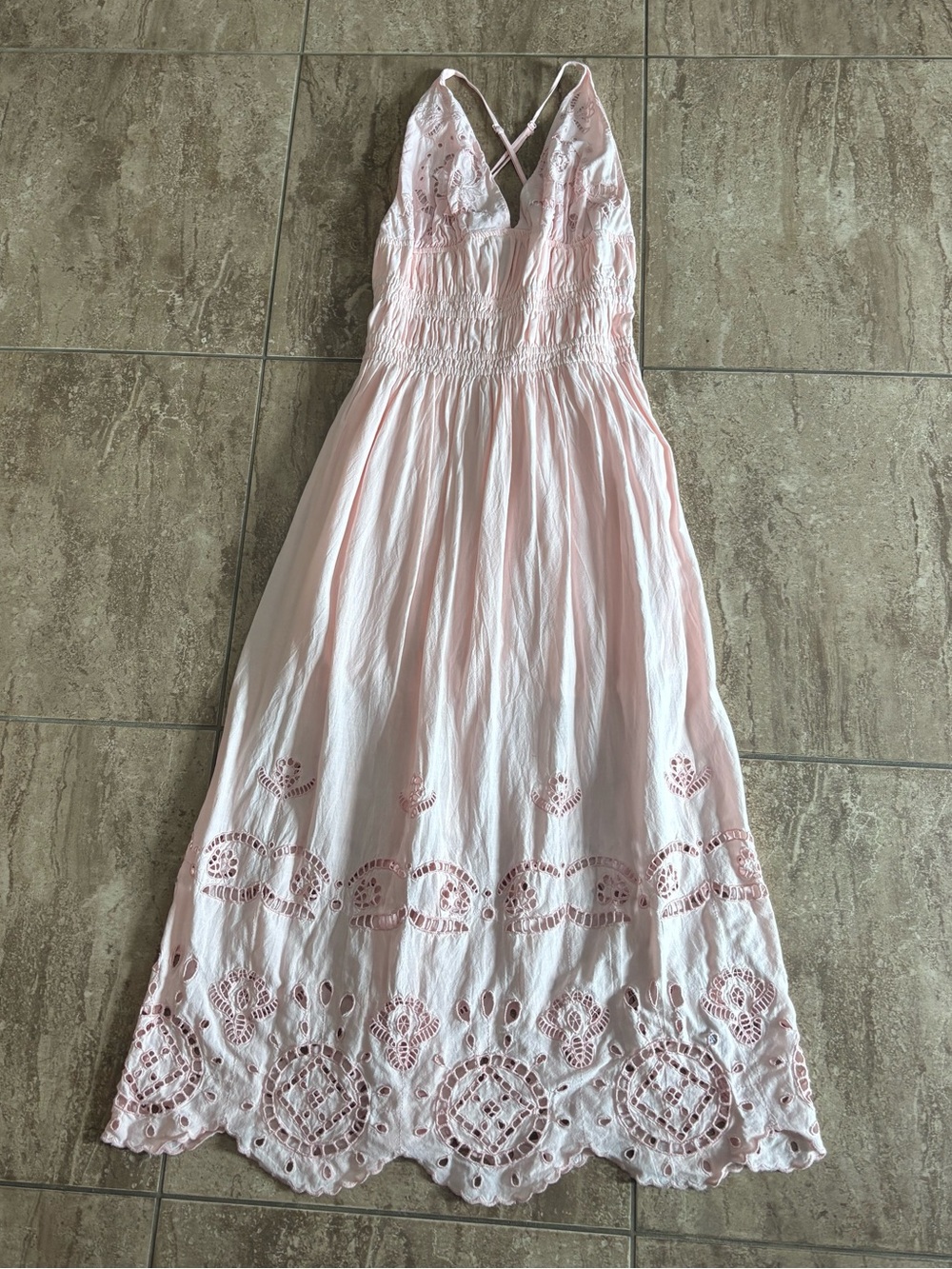 Embroidered rushed baby pink maxi dress with lace trim and floral embroidery